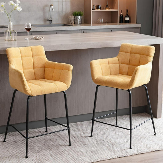 chairus Bar Stools Armchair Set of 2 Fabric Kitchen Breakfast Counter Stools Modern High Stools Dining Chairs with Footrest (Yellow-2) - QUORE