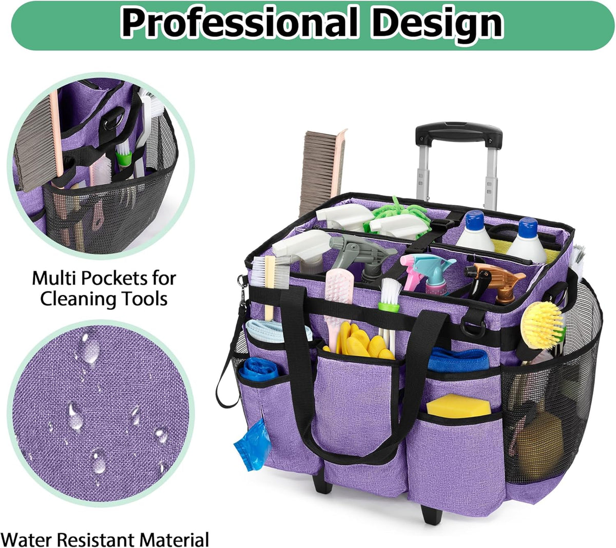 LoDrid Rolling Cleaning Caddy met afneembare trolley, draagbare schoonmaakwagen op wielen voor schoonmaakbenodigdheden met schouderriem voor huishoudsters, paars