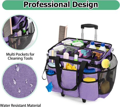 LoDrid Rolling Cleaning Caddy met afneembare trolley, draagbare schoonmaakwagen op wielen voor schoonmaakbenodigdheden met schouderriem voor huishoudsters, paars