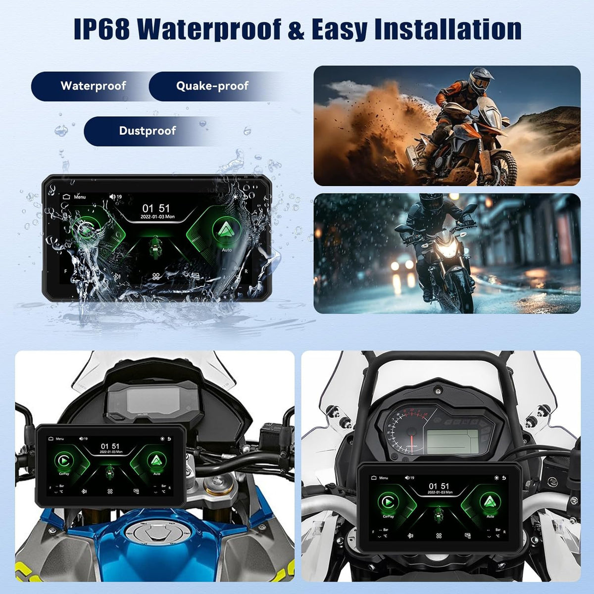Motor GPS Navigatie Display met draadloze CarPlay en Android Auto, 6-inch IP68 waterdichte motorfiets Navigatie met Bluetooth Mirror Link, Siri EQ en bandenspanningssensor