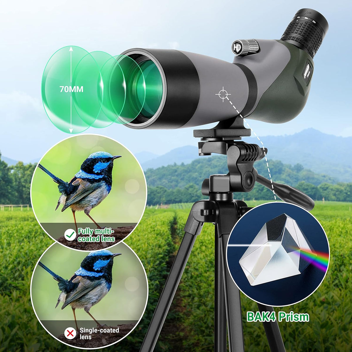20-60 x 70 HD Telescopische Zoom Spotting Scope met verstelbaar en licht telescopisch statief en telefoonadapter, draagbare telescoop voor wildobservatie, doelschieten en observeren