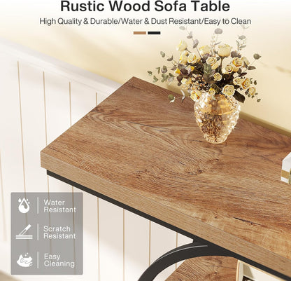 Tribesigns Console Table 105cm with 4 Levels, Narrow Industrial Sofa Table with Round Metal Frame, Wooden Entrance Table with Storage Racks for Living Room (Light Brown)