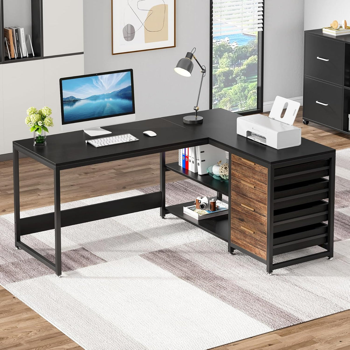 Tribesigns L-Shaped Computer Desk with Storage Drawers, 150cm Corner Desk with Shelves, Reversible L Shaped Office Desk Study Writing Desk Workstation for Home Office, Black