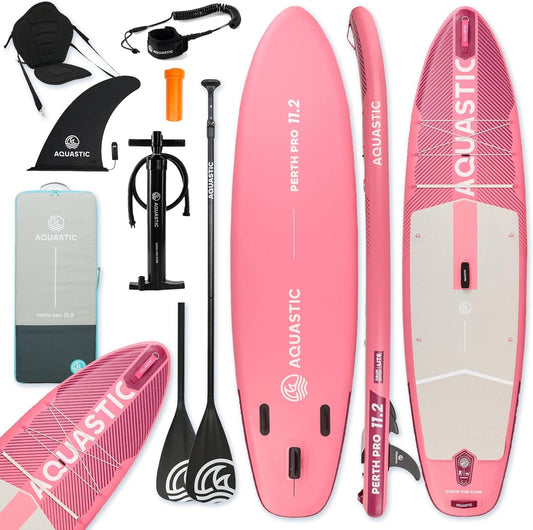 AQUASTIC Perth Pro 11'2" SUP Board Set – complete set met 2-in-1 peddel, kajakzitting, leash 300 cm, pomp, rugzak, Drop Stitch Lite, 165 kg, 340 x 86 cm, voor beginners en gevorderden