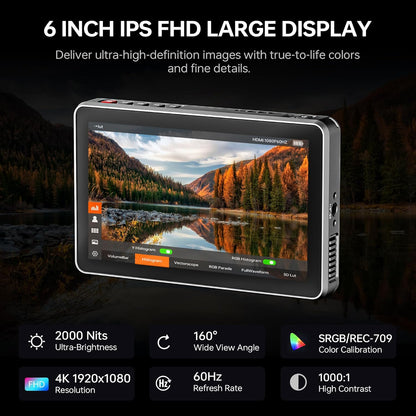 VILTROX DC-X3 Camera Monitor Kit met Rig Cage, 2000 Nits Touchscreen 4K HDMI, 6" IPS, 1920x1080, 3D LUT's, Peaking Focus, Zonnescherm kap, Batterij