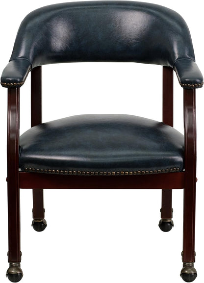 Conferentiestoel – Vergaderstoel – Kapiteinsstoel – Bureaustoel – Wachtruimtestoel – Set van 1 – Marineblauw Vinyl – Massief Hardhouten Frame