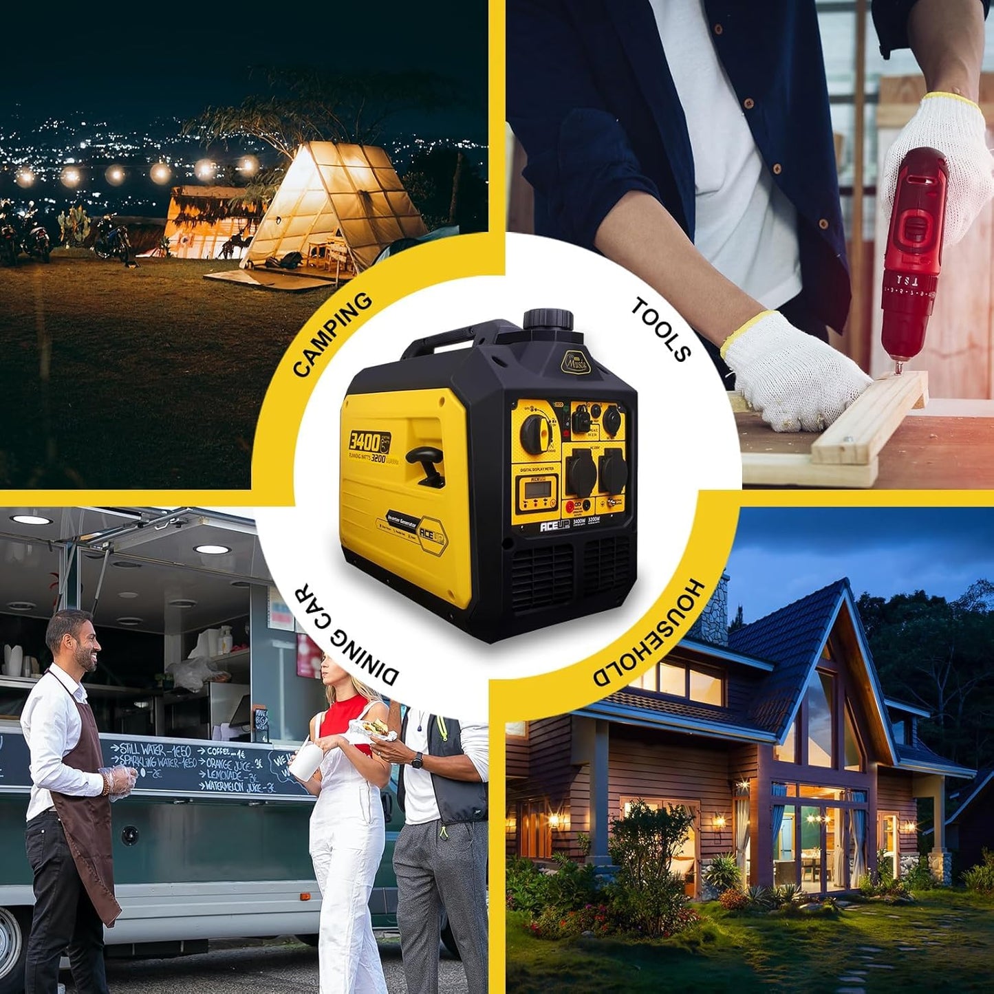 Aceup Energy 3400 W inverter-stroomgenerator, benzine, stroomgenerator, noodstroomaggregaat, 4-takt motor voor camping