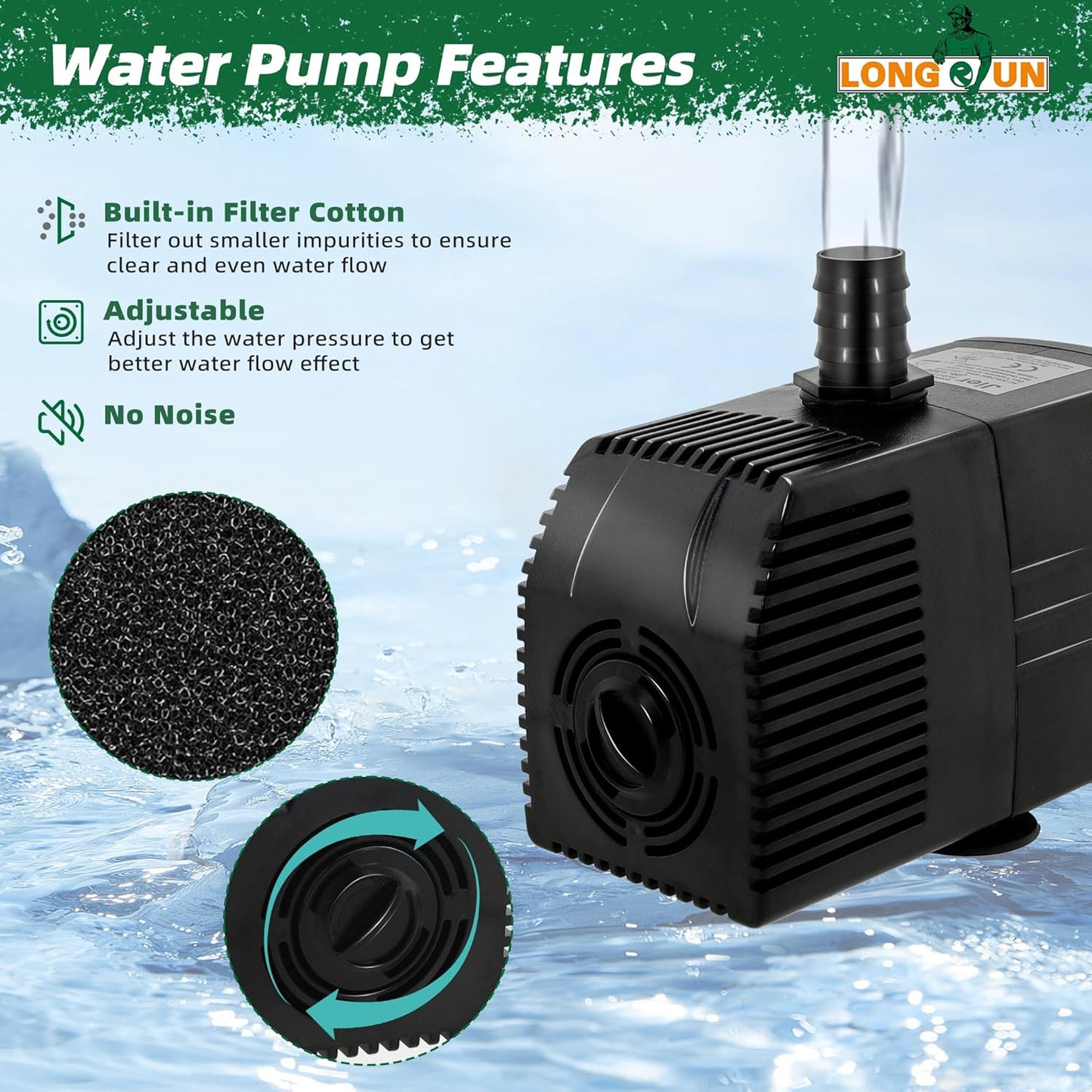 LONGRUN 23 cm vijver waterval, 304 roestvrij staal, zwembadwaterval met waterpomp, 7 kleuren Bluetooth LED tuinfontein