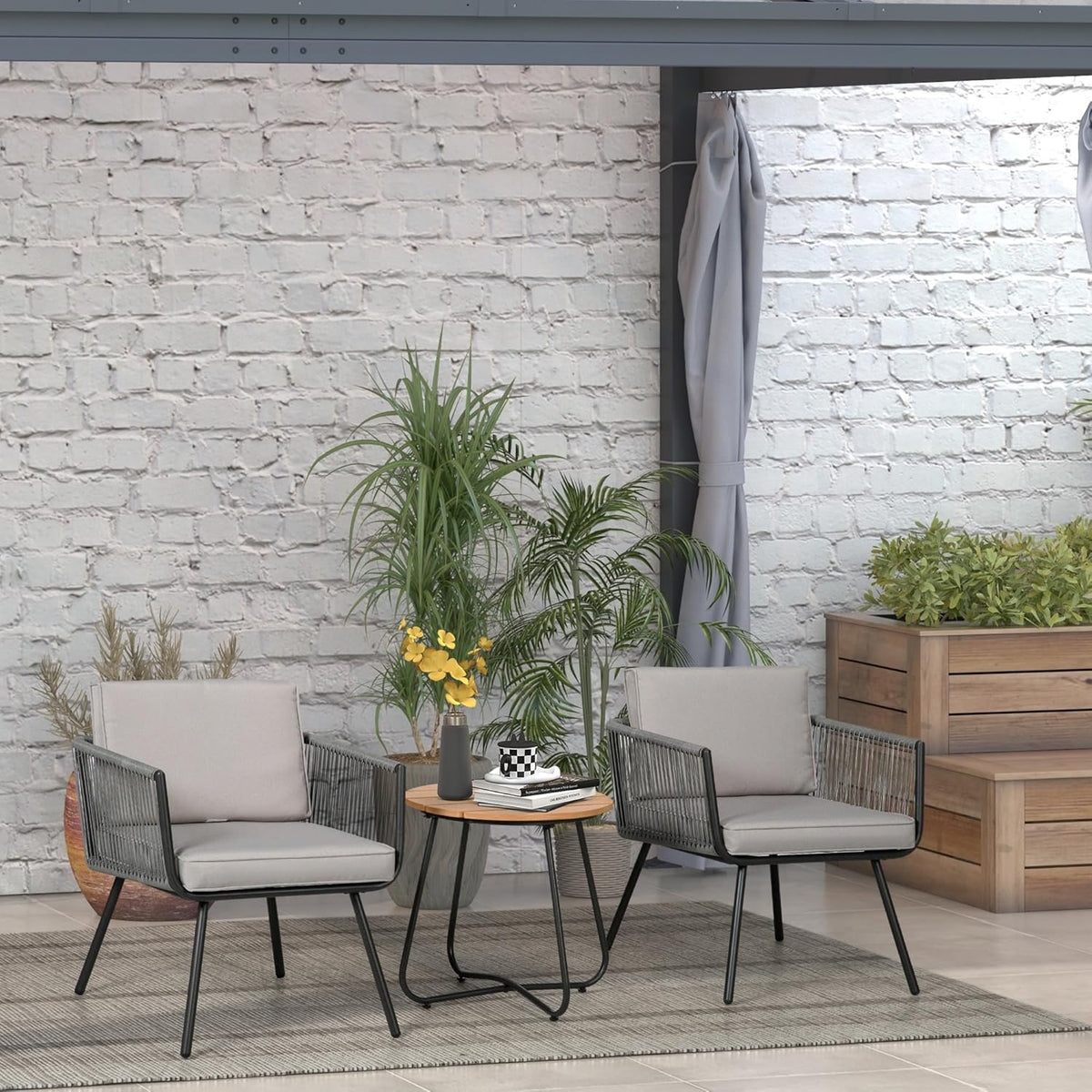 Outsunny Tuinmeubelset van polyrotan, 3-delig, stalen frame, 2 stoelen + 1 salontafel, kussens, grijs