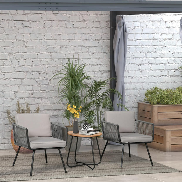 Outsunny Tuinmeubelset van polyrotan, 3-delig, stalen frame, 2 stoelen + 1 salontafel, kussens, grijs