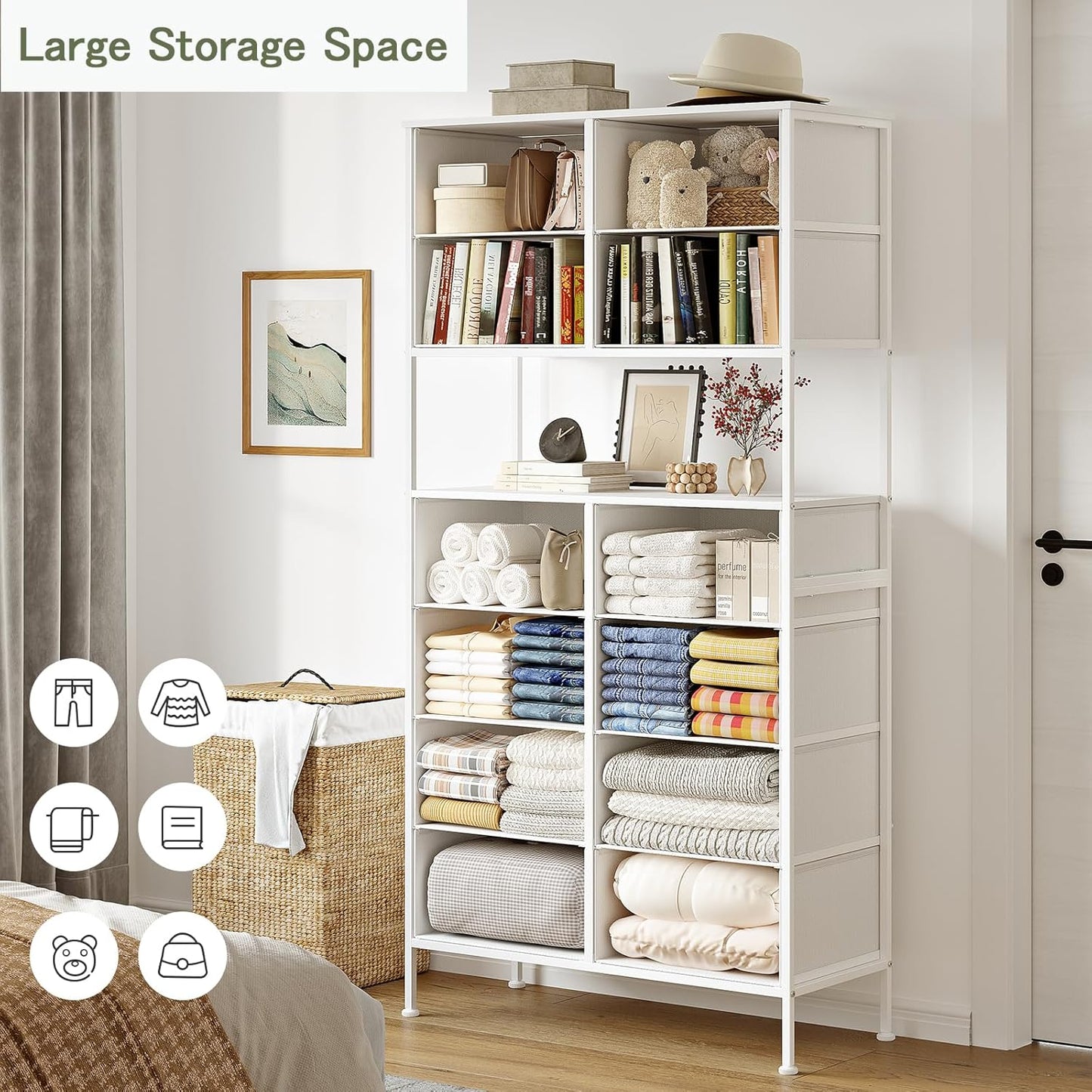 Ladekast met 12 laden, Opbergkist met Open Middenontwerp, Hoge Ladekast voor Slaapkamer, Stoffen Dressoir, Metalen Frame, Wit