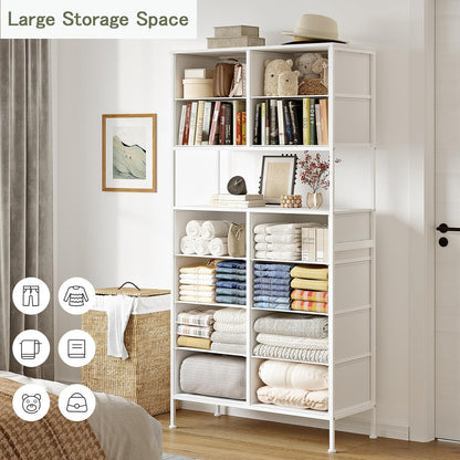 Ladekast met 12 laden, Opbergkist met Open Middenontwerp, Hoge Ladekast voor Slaapkamer, Stoffen Dressoir, Metalen Frame, Wit