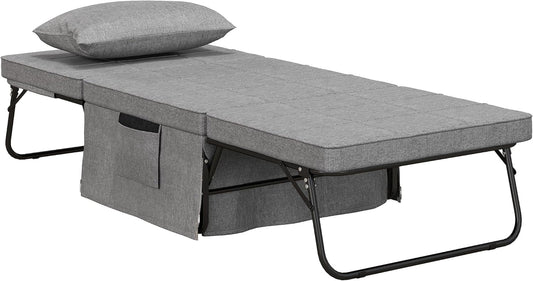 HOMCOM 4-in-1 Single Bed, Folding Bed, Guest Bed, Folding Travel Cot, Armchair, Footstool with 8 cm Mattress, 5 Levels Height Adjustable with Sturdy Steel Frame, Grey 188 x 75 x 38 cm - QUORE