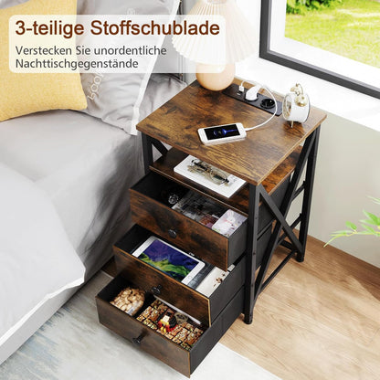 AMHANCIBLE Nachtkastje set van 2, bijzettafel met Oplaadstation en LED, banktafel met 3 stoffen laden, Eindtafel met open plank voor slaapkamer, woonkamer, bruin HET053LBR