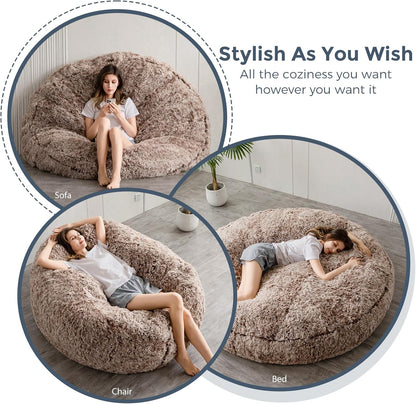 MAXYOYO Gigantische zitzakbed - ronde zitzakstoel - grote bank met lange hoes van imitatiebont en pluizige vulling inbegrepen voor volwassenen, stellen, gasten (koffiebruin, 150 x 150 cm)