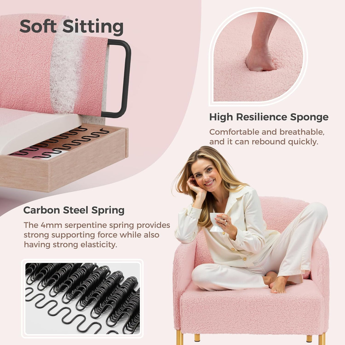 Mondeer Armchair Accent Chair with Storage Bag and Metal Legs, Soft Imitation Lambswool Fabric for Living Room, Bedroom, Reading Reception, Lounge, 63 x 75 x 75 cm, Pink