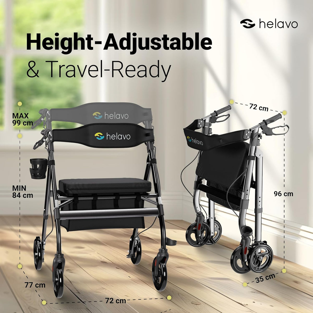 Helavo extra brede rollator met grote, in hoogte verstelbare zitting - Opvouwbare zware rollator van aluminium - Belastbaar tot 226 kg