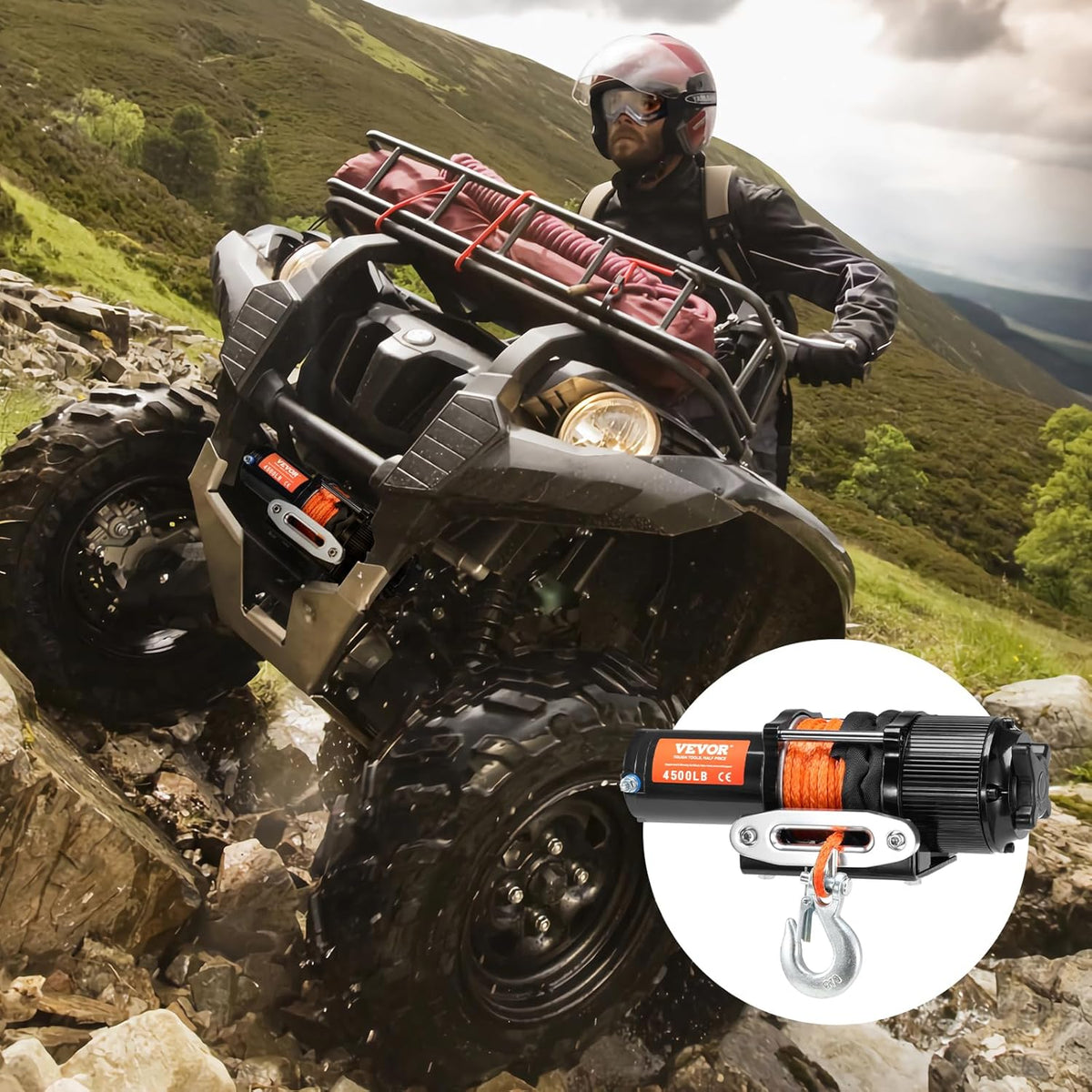 VEVOR Cable Winch 12 V, 2040 kg, Electric Winch 12 V DC for Off-Road Vehicles/UTVs, Motor Winch with 12-Strand Synthetic Rope Diameter 0.5 x 1180 cm, Aluminium Cable Guide