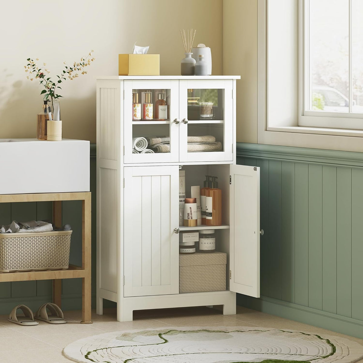 kleankin bathroom cabinet with glass doors and 2 storage compartments Storage cabinet with adjustable shelves Multi-function cabinet, anti-tilt protection, MDF, tempered glass, white, 60 x 30 x 109.5 - QUORE