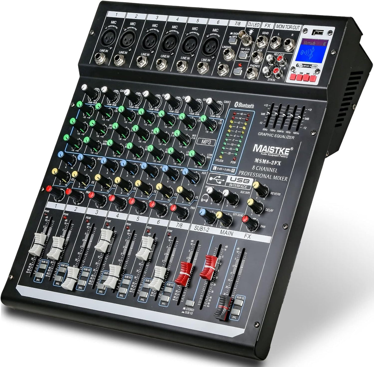Mixer 8-Kanaals – Audio Mixer – Mengpaneel – DJ Mengpaneel – Mengtafel – Bluetooth en USB – 48V Fantoomvoeding