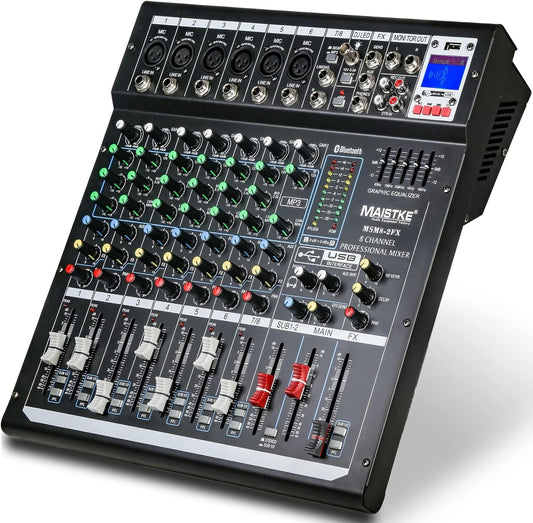 Mixer 8-Kanaals – Audio Mixer – Mengpaneel – DJ Mengpaneel – Mengtafel – Bluetooth en USB – 48V Fantoomvoeding