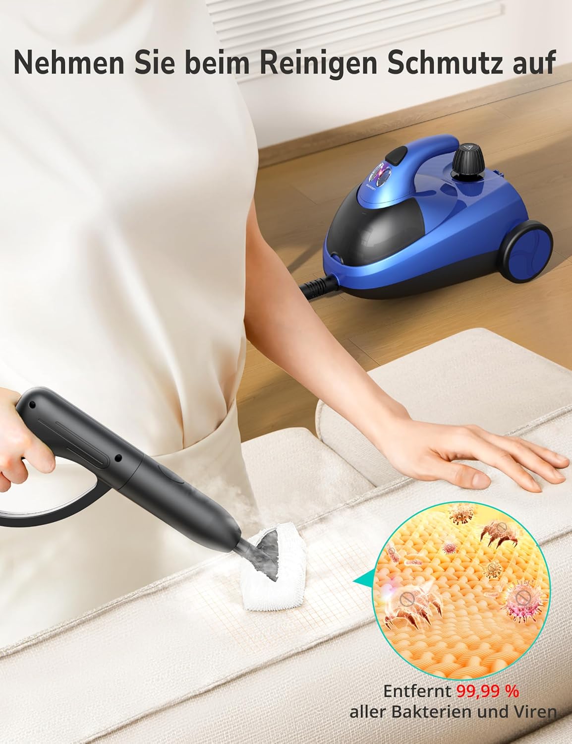 Aspiron Stoomreiniger, stoomdruk 4 bar, 145 °C hete stoom, multifunctionele stoomreiniger met 18 accessoires, met opslag, stoomreiniger voor auto, bed, tapijt, tegels en vloeren