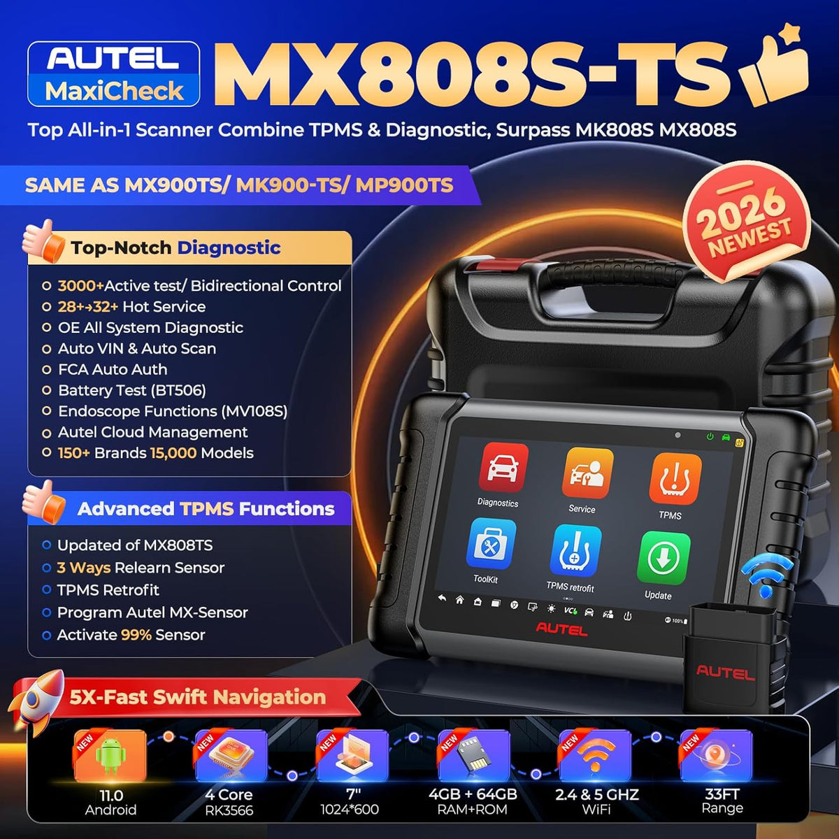Autel MaxiCheck MX808S-TS, 2024 Android 11 Gebaseerd TPMS Opnieuw Leren/Programmeren Tool, Nieuwe Versie. van MaxiCOM MK808TS/ MK808S-TS/ MX808TS, Geavanceerde TPMS-Retrofit, Bidirectionele Besturing
