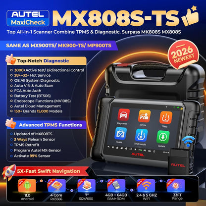 Autel MaxiCheck MX808S-TS, 2024 Android 11 Gebaseerd TPMS Opnieuw Leren/Programmeren Tool, Nieuwe Versie. van MaxiCOM MK808TS/ MK808S-TS/ MX808TS, Geavanceerde TPMS-Retrofit, Bidirectionele Besturing