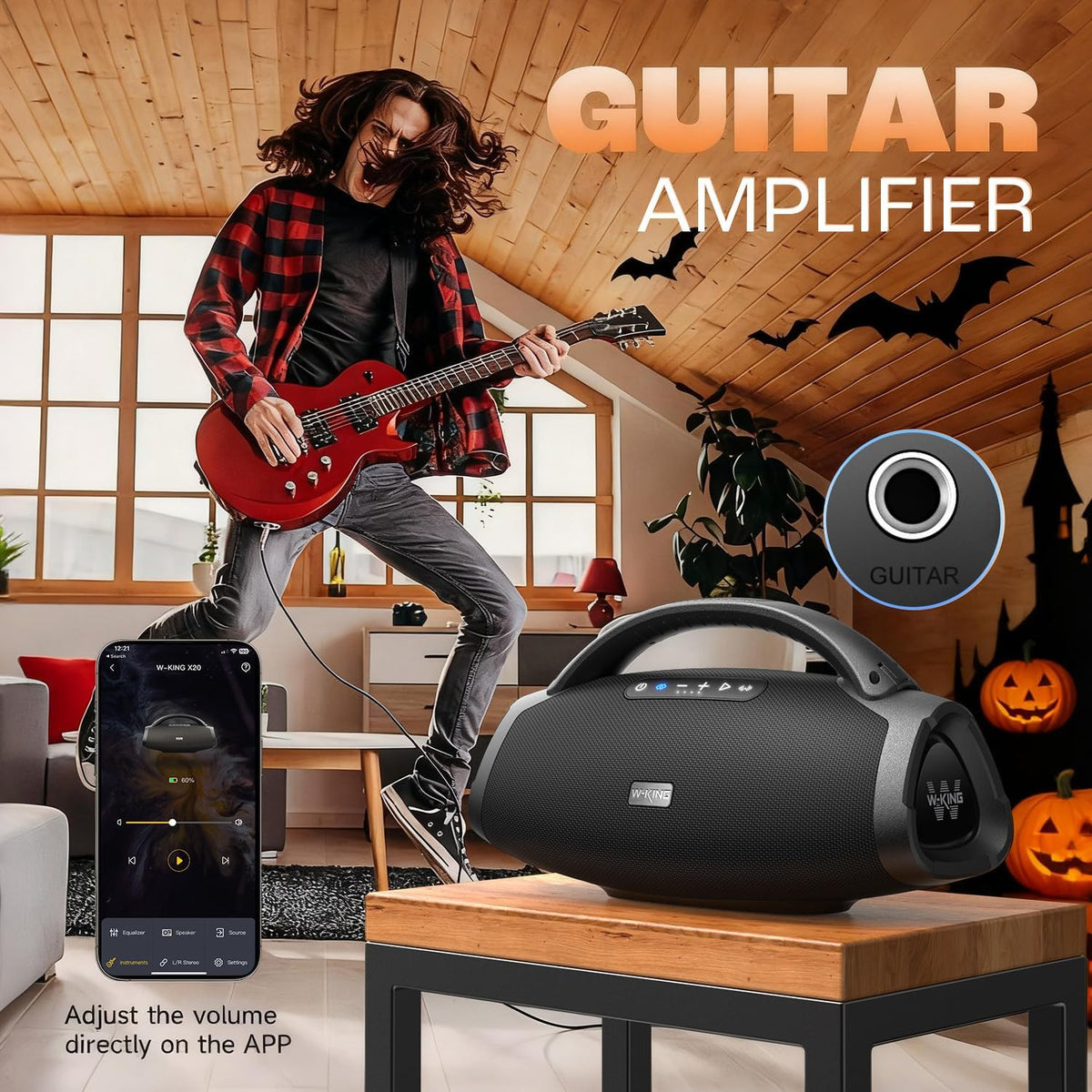 W-KING Bluetooth-luidspreker luid, draagbare draadloze luidspreker met 120W subwoofer, 50W*2 woofers, 15W*2 tweeter, 40Hz massieve bas, IPX7 waterdicht, APP, BT5.4, stereo-koppeling, OTG, grote