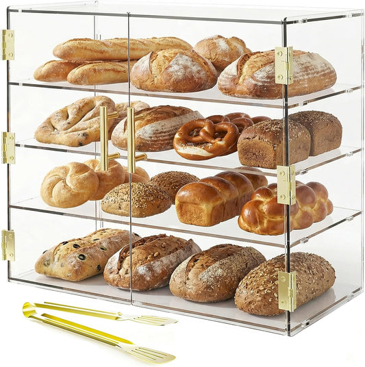 4-laags bakkerij vitrine met elastische automatische deur, 19,5 "x 19,75" x 19,75" x 10,35" acryl helder gebak vitrine aanrecht vitrinekast voedseldoos voor brood dessert koekjes bakken