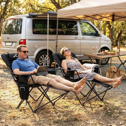 Opvouwbare campingstoel, 2-in-1, strandstoel met 4-voudig verstelbare rugleuning, campingstoel met voetensteun, met koeltas, bekerhouder voor camping, strand, festival, tuin, balkon