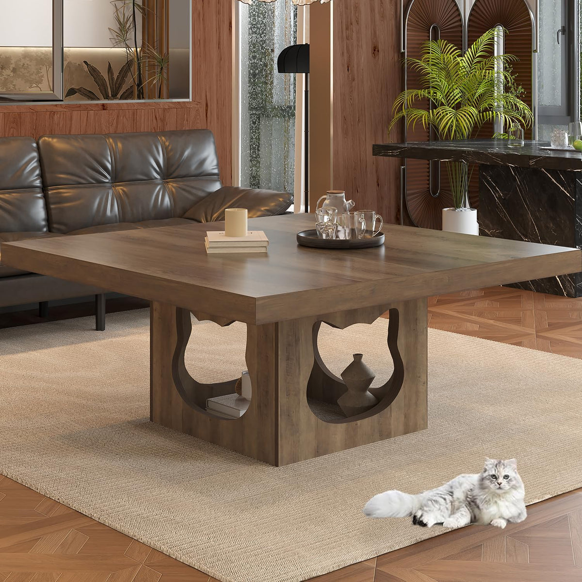 HSH Vierkante salontafel, rustieke houten salontafel voor woonkamer, boerderij middentafel met kattenhuiskussen, industriële opslag cocktailtafel voor thuiskantoor, slaapkamer, rustiek eiken, 90 cm