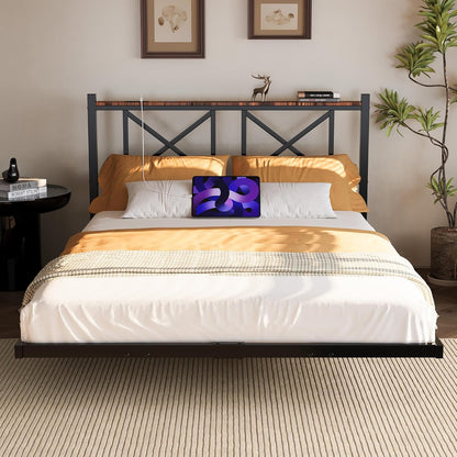 Bed met ledverlichting, modern zwevend bedframe met stopcontact en USB-oplaadfunctie, zwart, 140 x 200 cm