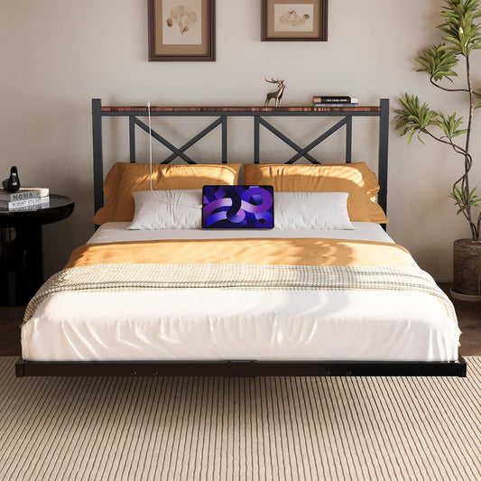 Bed met ledverlichting, modern zwevend bedframe met stopcontact en USB-oplaadfunctie, zwart, 140 x 200 cm