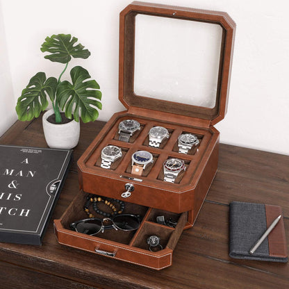 Horlogedoos – Horlogebox – Horloge Opbergdoos – Watch Box – Sieradendoos – 6 Vakken – Massief Hout Met Leerafwerking – Glazen Deksel Met Valet Lade