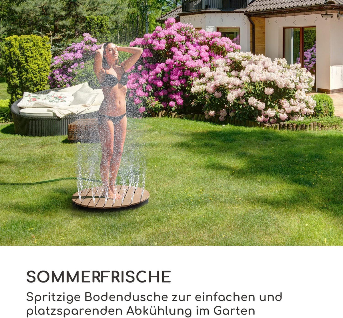 blumfeldt Cool Breeze - tuindouche, campingdouche, WPC, aluminium, houtlook, draaggreep, tuindouche, buitendouche, rond zwart