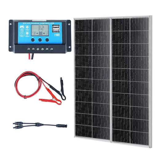 VEVOR 200 W solar panel, set of 2 12 V monocrystalline solar panel plus charge controller, 16.66 A solar installation, conversion rate of 23%, compatible with AGM, gel, FLD, LI batteries, ideal