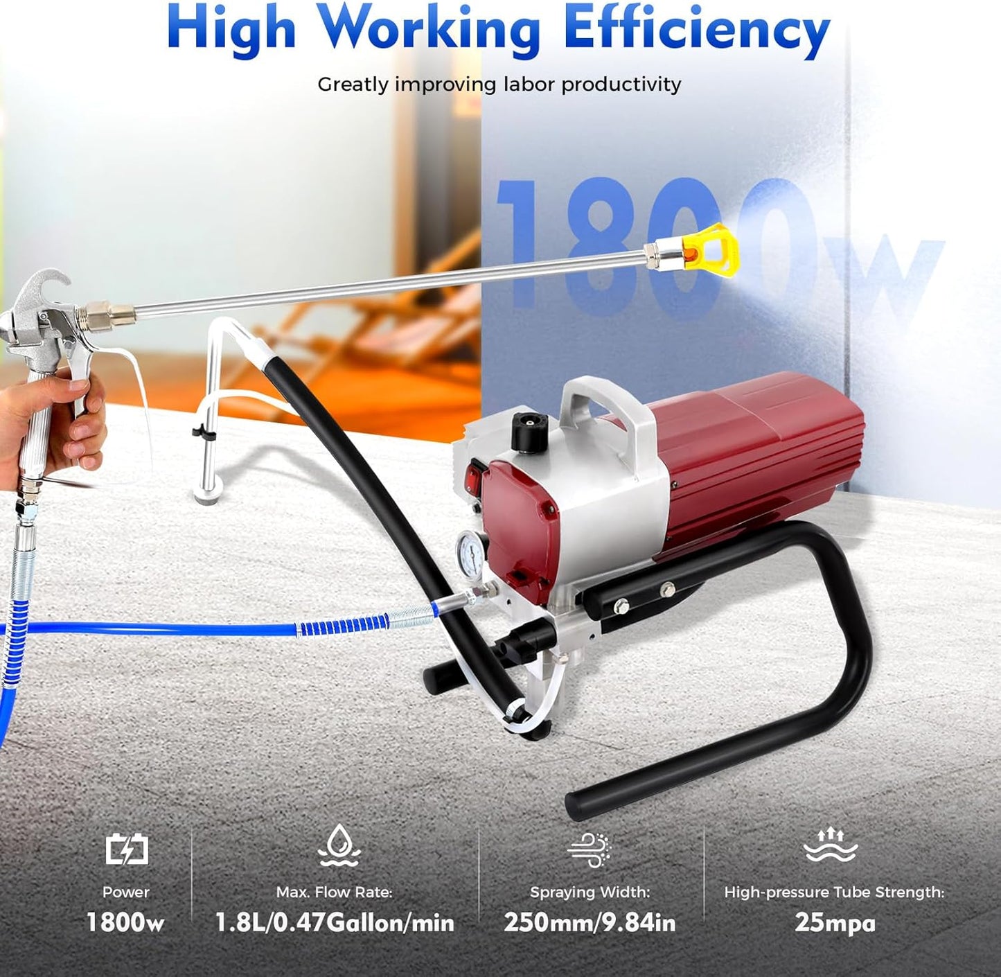 Airless Paint Spray System, Wall Paint, 1800 W, 1.8 L/Min, Airless Paint Sprayer, Paint Spray System with Pressure Gauge, 25 Mpa Paint Sprayer, Paint Spray Gun, 10 m Hose Length - QUORE