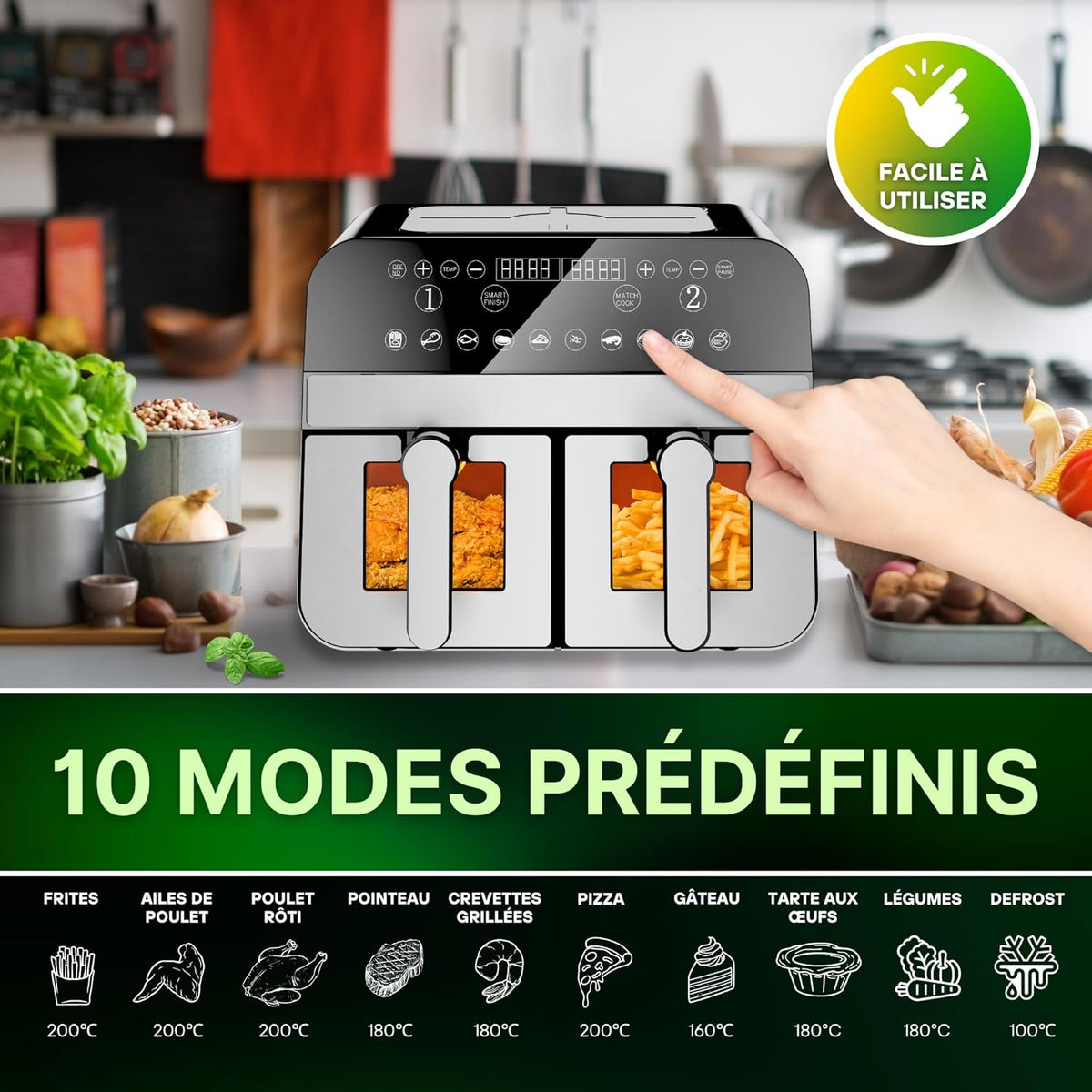 Comfy Nest, CNAFD45WS, 2400 W digitale heteluchtfriteuse met dubbele mand en 9 liter venster, gezond en snel koken, modern design, ideaal voor elke keuken, grijs
