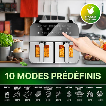 Comfy Nest, CNAFD45WS, 2400 W digitale heteluchtfriteuse met dubbele mand en 9 liter venster, gezond en snel koken, modern design, ideaal voor elke keuken, grijs