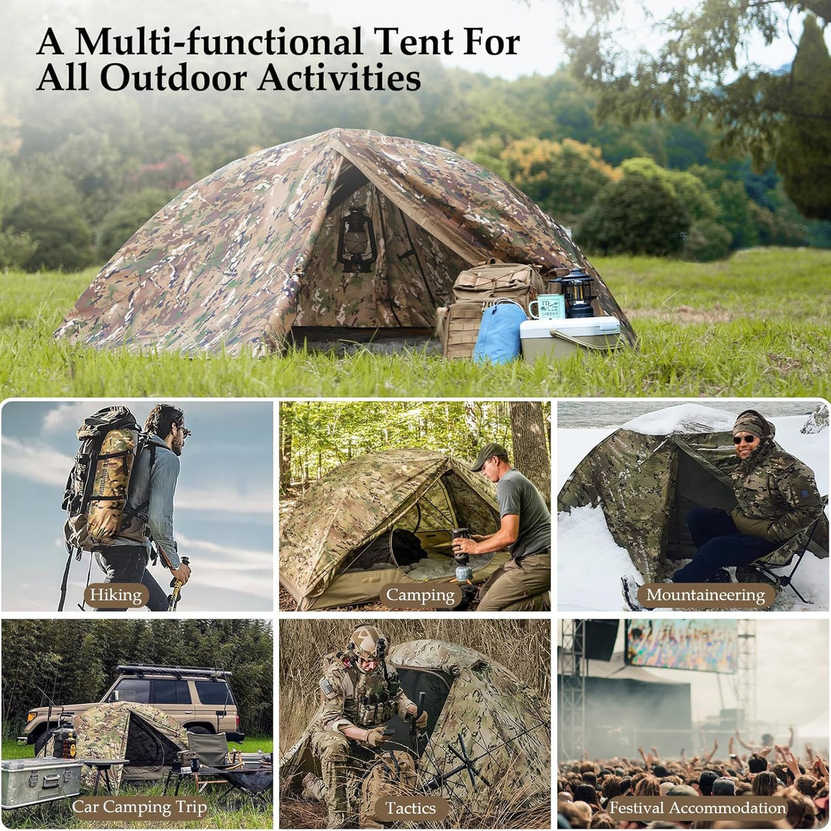 FREE SOLDIER Campingtent, outdoor, ultralichte eenpersoonstent in camouflage, outdoor-camping, 1-persoonstent, avontuurtent, eenvoudig op te bouwen en te dragen, muggenbescherming, waterdicht
