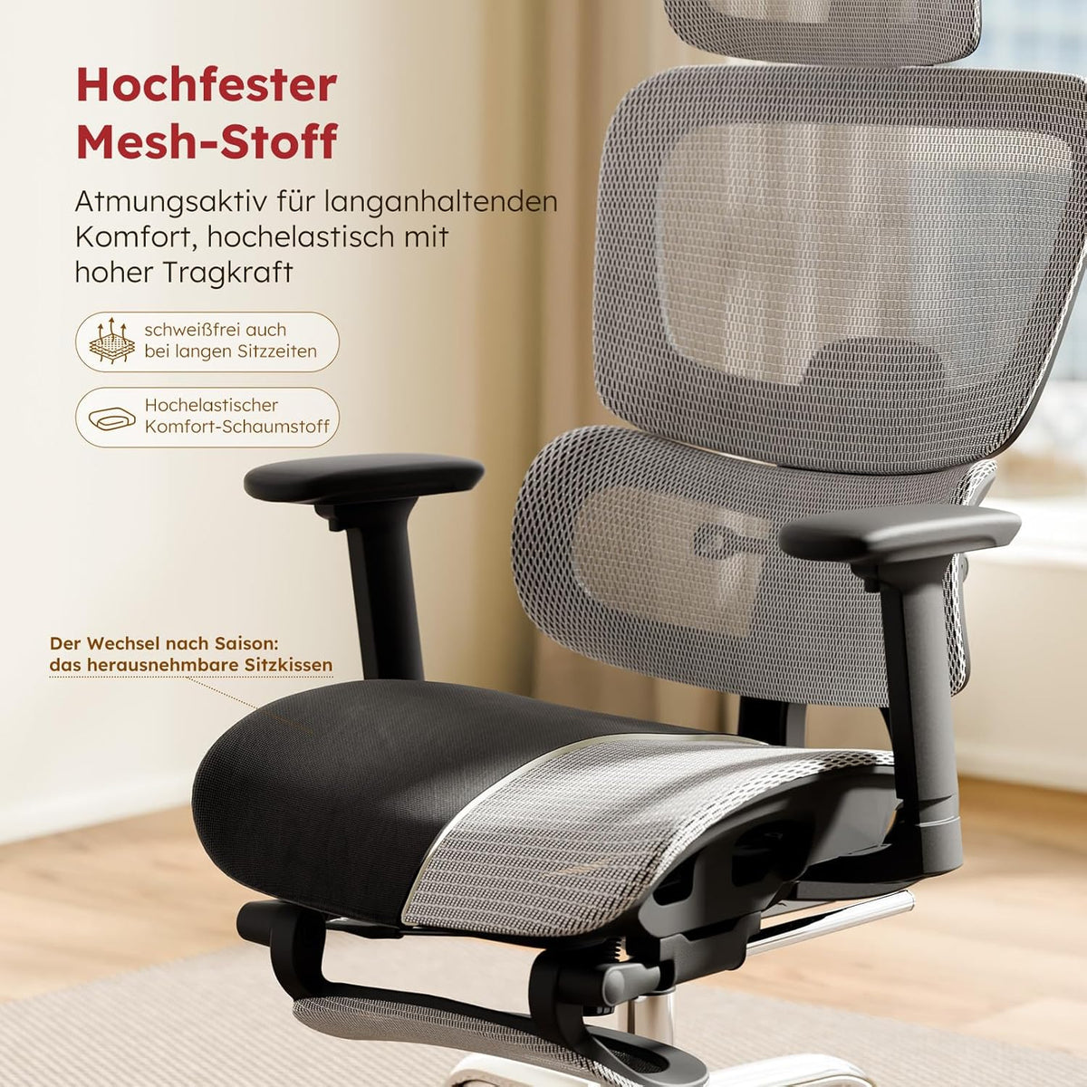 Ergonomische Bureaustoel – Bureaustoel Kantoorstoel Werkstoel Stoel Meshstoel – Volledig Mesh Design – Afneembaar Zitkussen – Uittrekbare Voetensteun – 3D Verstelbare Armleuningen – Zelfaanpassende Lendensteun – 360° Draaibaar – Lichtgrijs