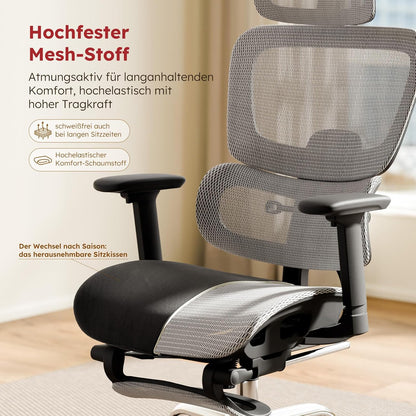 Ergonomische Bureaustoel – Bureaustoel Kantoorstoel Werkstoel Stoel Meshstoel – Volledig Mesh Design – Afneembaar Zitkussen – Uittrekbare Voetensteun – 3D Verstelbare Armleuningen – Zelfaanpassende Lendensteun – 360° Draaibaar – Lichtgrijs