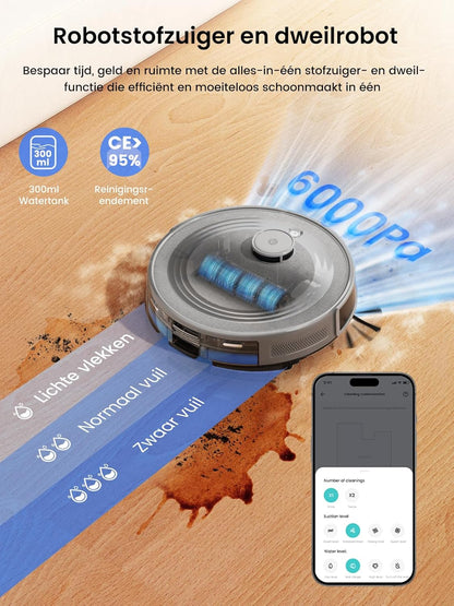Robotstofzuiger – Robotstofzuiger met dweilfunctie – Automatische stofzuiger – Slimme vloerreiniger – Stofzuigrobot – 6000 Pa Zuigkracht – Automatisch Afvoerstation 90 Dagen