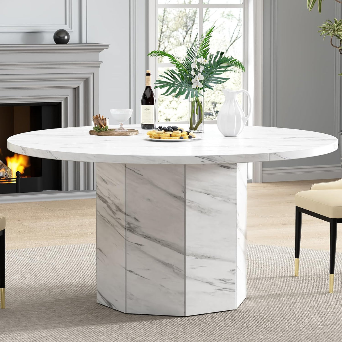 HSH Ronde eettafel voor 4-6 personen, alleen witte faux marmeren eettafel, moderne cirkel keukentafel voor thuis woonkamer, industriële houten eettafel met achthoekige basis, wit marmer, 120 cm - QUORE