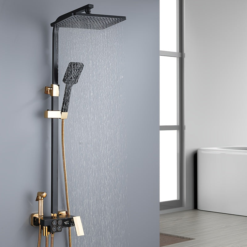 Doucheset – Douche Systeem – Regendouche – Handdouche – Baduitloop – Zwart – Vierfuncties Thermostaatkraan – Digitaal Temperatuur Display