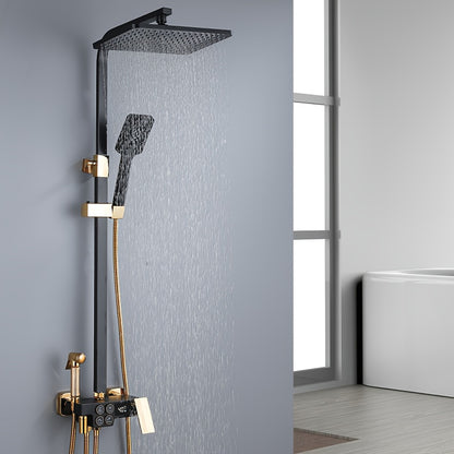 Shower System in Black with a Handheld Shower Head, Bathtub Spout, Wall-Mounted Four-Function Set, And Digital Display System.