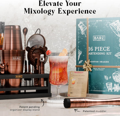 Cocktailset – Bartenderset – Cocktailshakerset – Barset – Shakerset – 16-Delige Set Met 800 Ml Boston Shaker En 35 Receptkaarten – Koper/Zwarte Afwerking Met Bamboe Displaystandaard