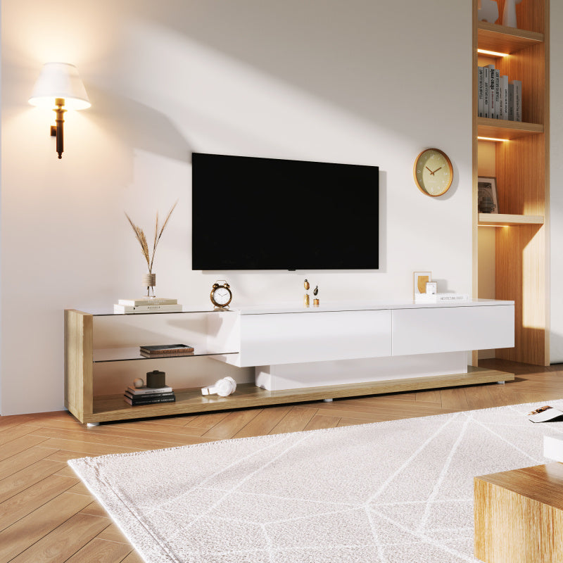 Tv meubel – TV-kast – Media meubel – Entertainmentmeubel – Dressoir – Hoogglans wit & houtlook – 2 lades en open planken