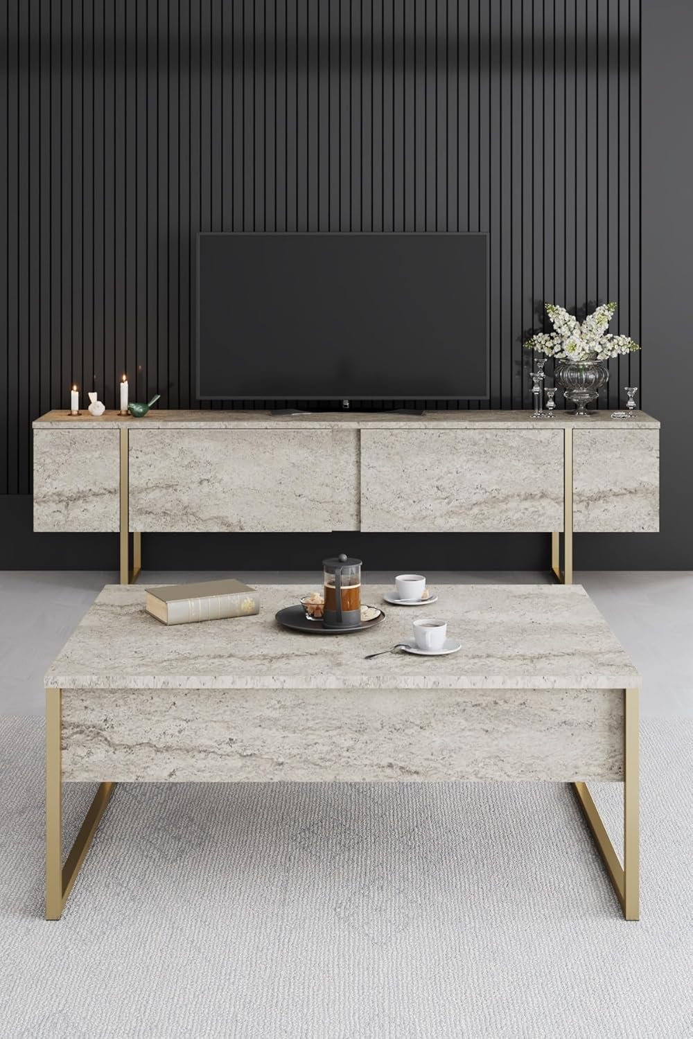 Hanah Home Elegant koffietafel, travertine en goud, 90 x 60 x 40 cm, 100% melamine gecoat deeltjesbord, 18 mm dik, stevige metalen poten, modern marmerdesign